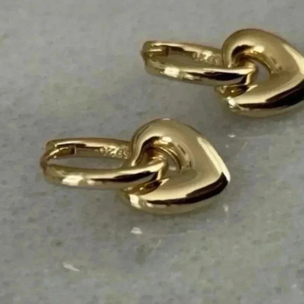 Gold Bubble Heart Charm Dangle Huggie Hoop Earrings - Picture 5 of 5